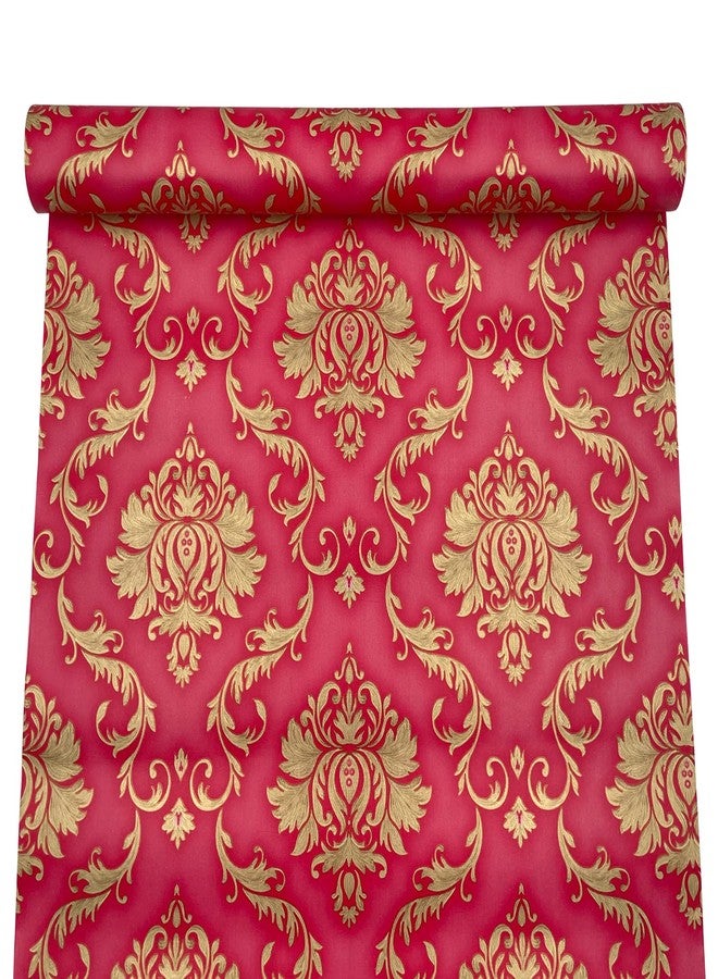 Yifasy Red Furniture Liner for Dresser Top Protector Gold Damask Removable Wallpaper Peel and Stick Drawer Shelving Paper 17.7 inch Wide (M-236.2x17.7 Inch) - Image 1